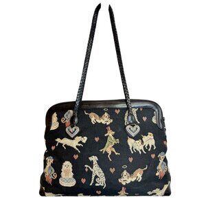Brighton Vintage Tapestry Dog Tote with Leather Handles & Heart Charm Accents